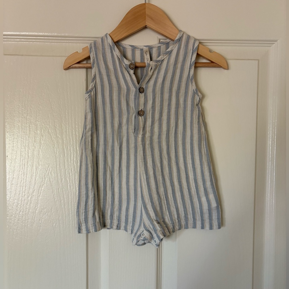 Rylee + Cru Blue, Cream and Tan Striped Cotton Button Romper - 6-12 months
